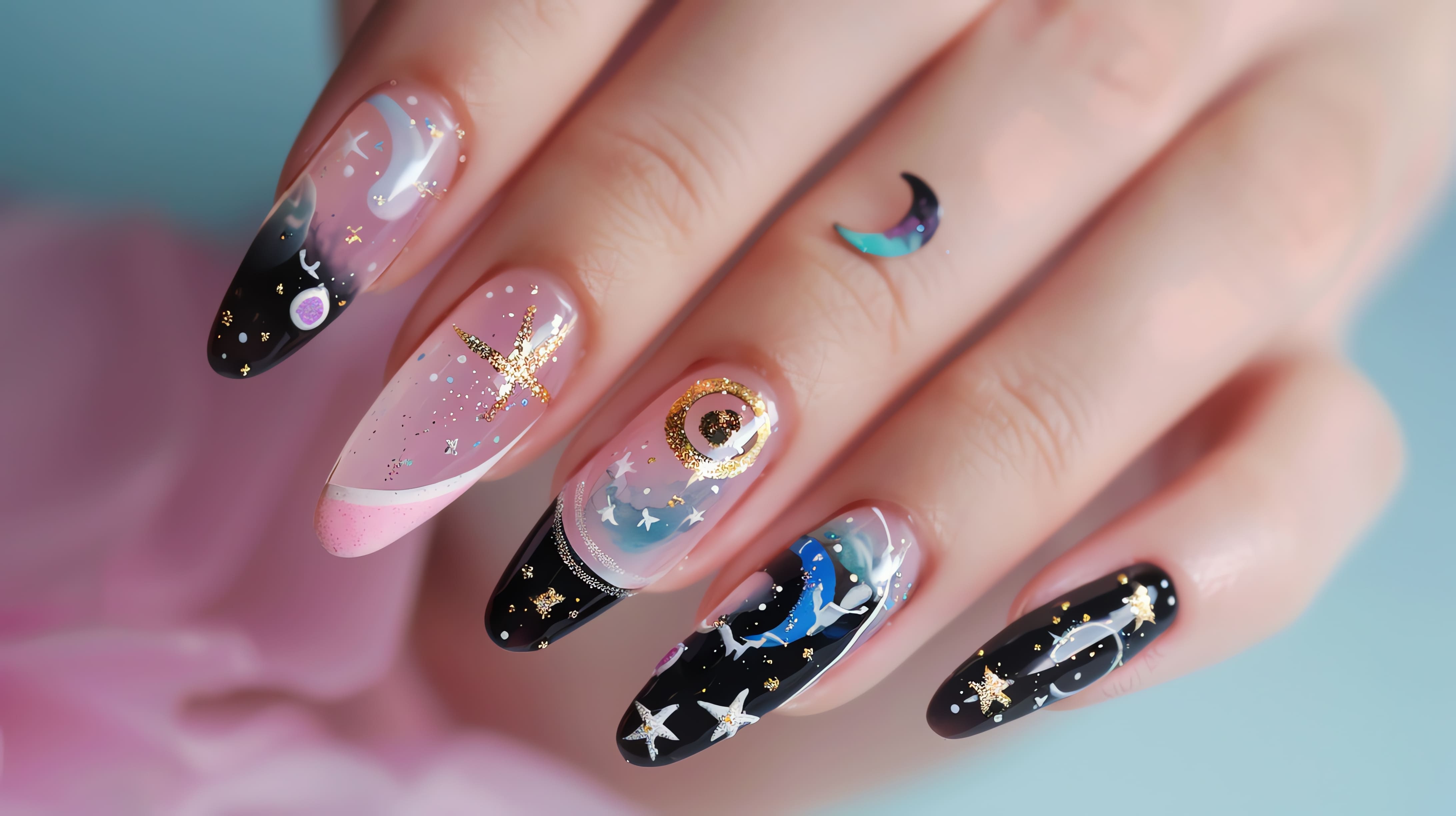Hand With Celestial Nail Design Featuring Moons Stars Planets