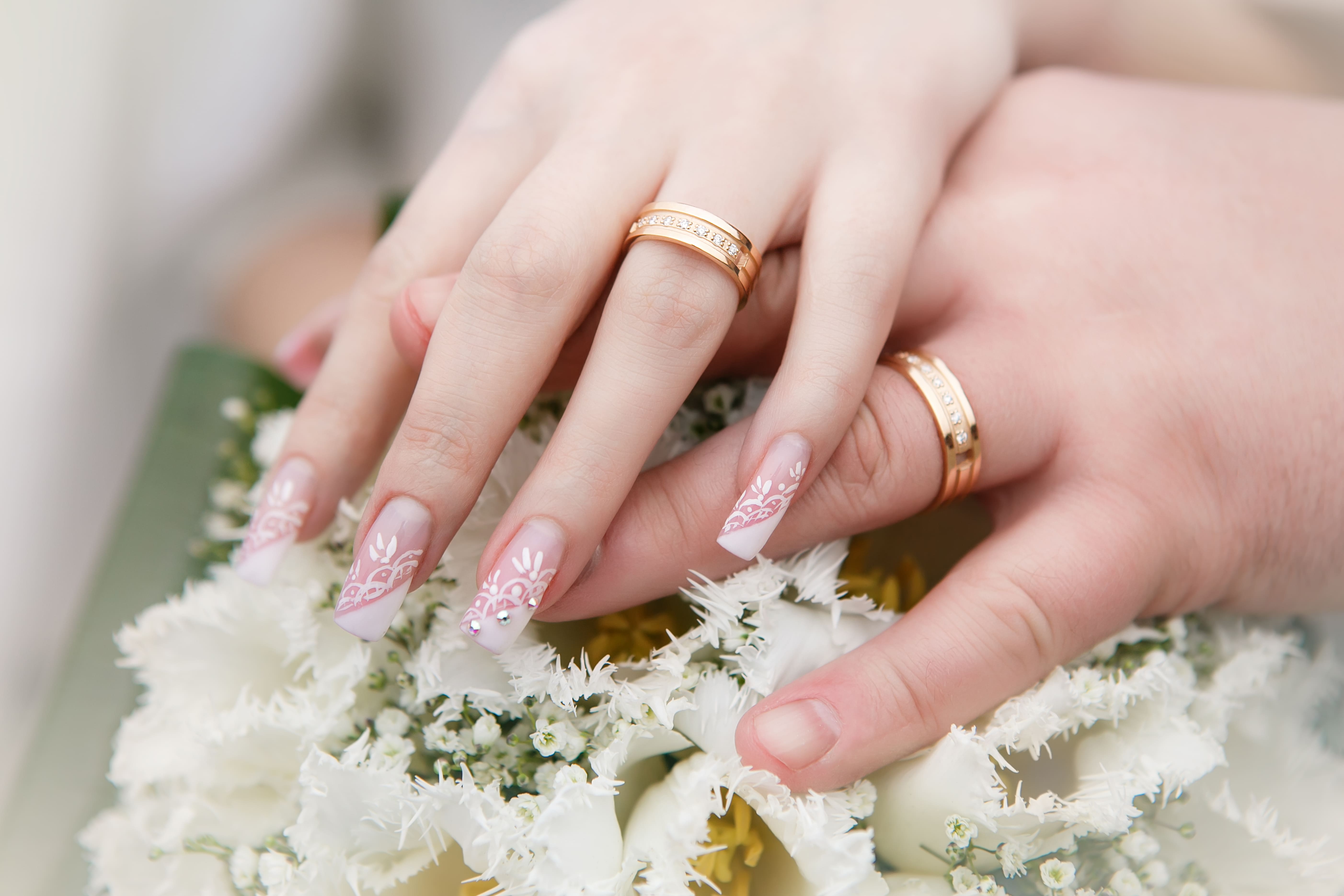 Bouquet White Tulips Hands Groom Bride With Gold Wedding Rings Close Up Wedding Concept