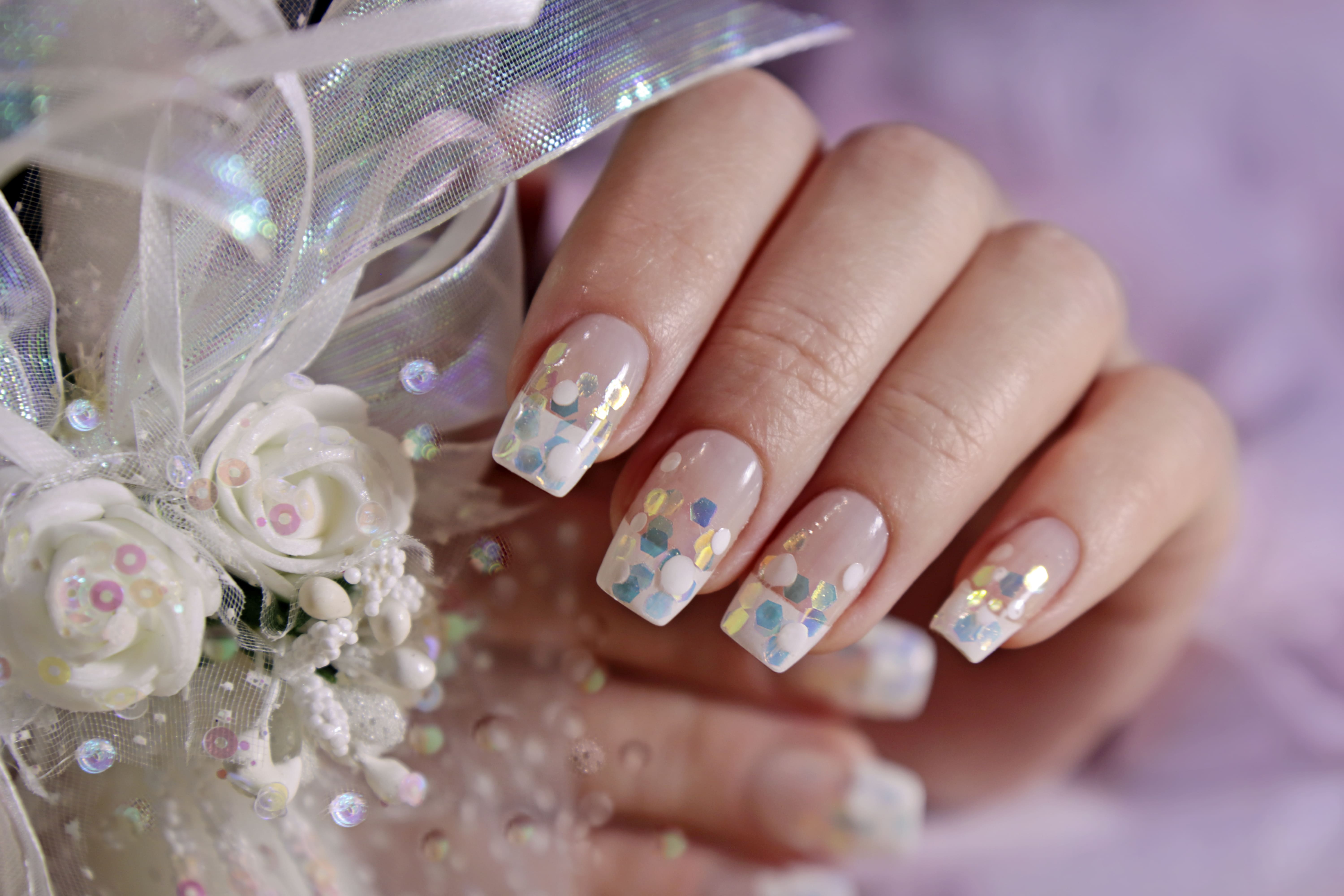 French Manicure With Transparent Glitter